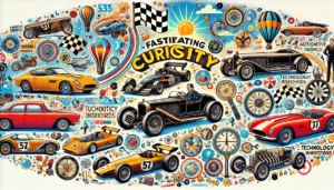 DALL·E 2024-08-13 10.50.26 - A vibrant and engaging illustration representing various fascinating aspects of the automotive world, showcasing iconic cars, speed records, technolog